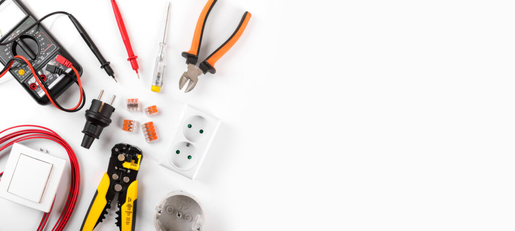 electrician equipemnt on white background with copy space. top v